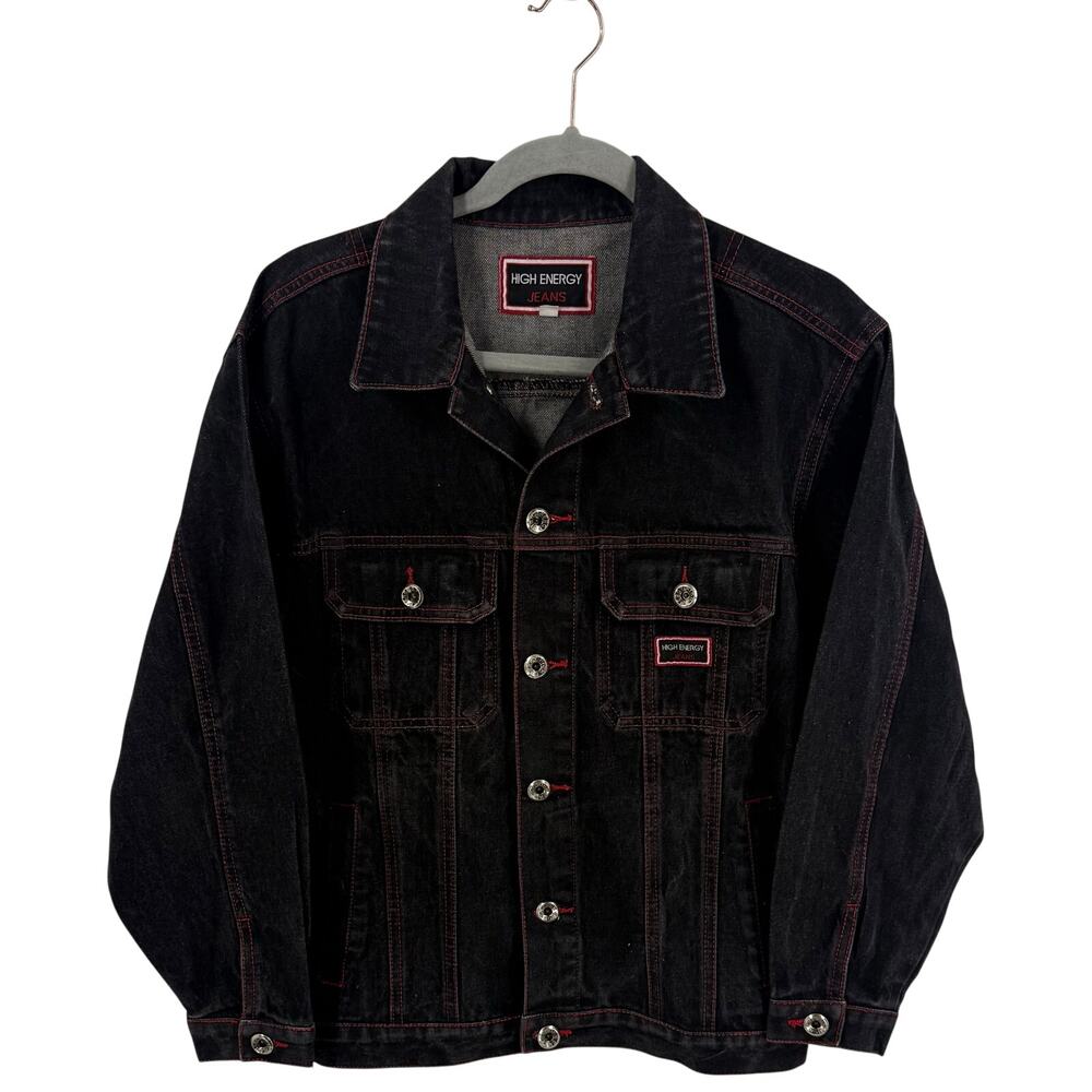 Y2K High Energy Mens Jean Jacket Size Medium Black Red Stitching Denim